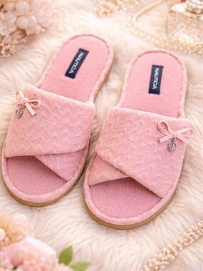 Nautica Soft Pink Quilted Slide Slippers with Bow Accent size L 9/10